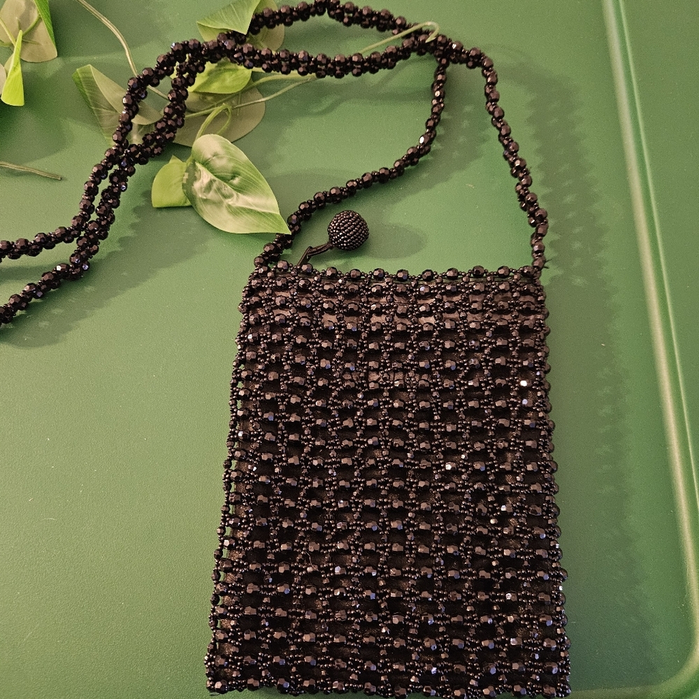 FURLA Jet Black Fully Beaded Crossbody Bag with Beaded Crossbody Shoulder Strap